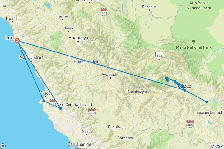 Map of INCA ADVENTURES - 7 Days  (Lima and Cusco) with Domestic Flights