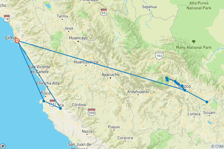 Carte du circuit AVENTURES INCA - 7 jours (Lima et Cusco - Machupicchu) avec vols intérieurs
