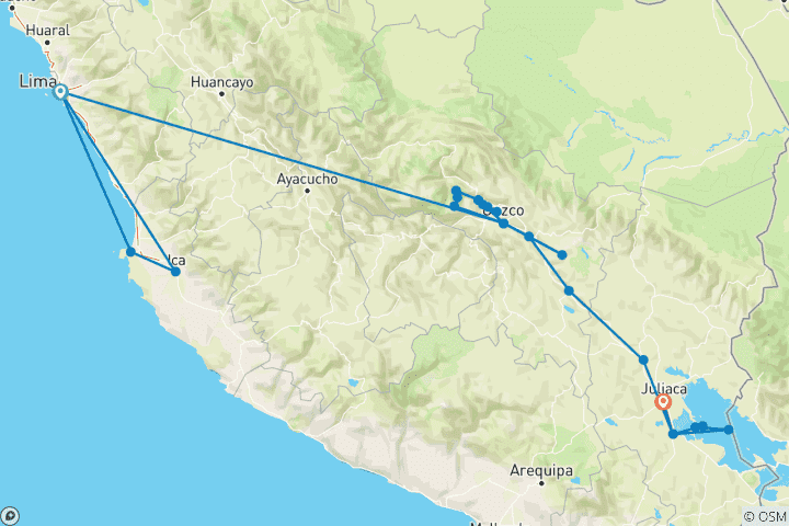 Carte du circuit PERU EXPRESS - 10 jours (Lima- Cusco - Machu Picchu & Puno) avec vols intérieurs