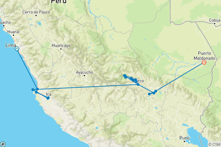 Kaart van Peru Juwelen - 10 Dagen (Lima - Cusco & Puerto Maldonado)