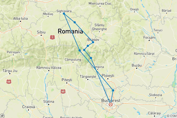 Mapa de Circuito privado de 3 días a lo mejor de Rumanía desde Bucarest: castillo de Peles, castillo de Bran, Santuario de los osos, Brasov, Sighisoara.