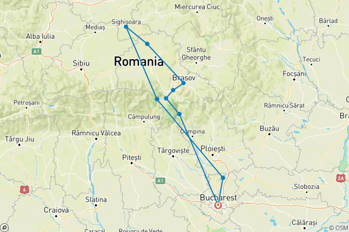 Map of Private 3-Day Best of Romania Tour from Bucharest: Peles Castle, Bran Castle, Bears Sanctuary, Brasov, Sighisoara, Viscri, Rasnov Fortress and Snagov Monastery With Hotel Pick Up Drop Off