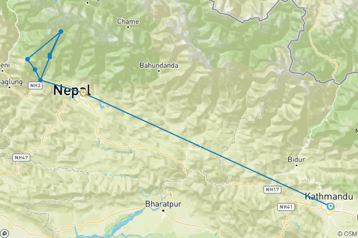 Kaart van Annapurna Basiskamp Trek 12 Dagen