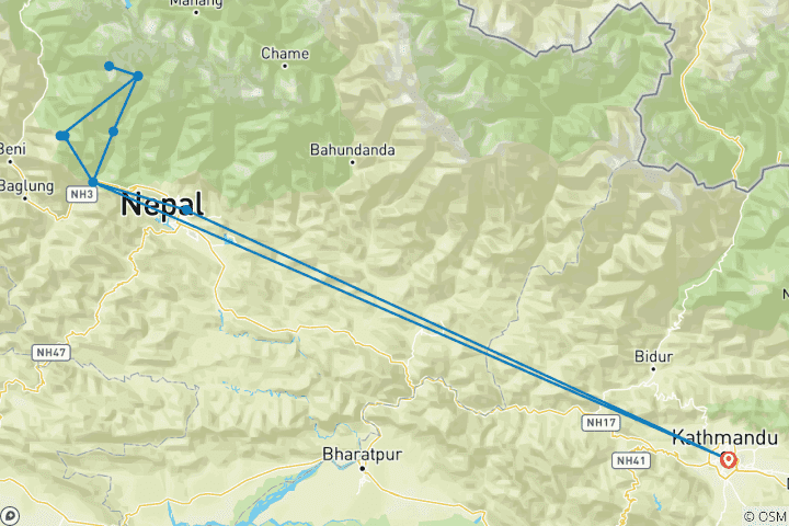 Map of Annapurna Base Camp Trek 14 Days