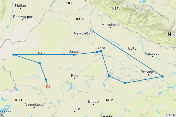 Map of 13 Days Tour of Varanasi, Orchha, Agra, Jaipur, Jaisalmer, Jodhpur & Udaipur [Rajasthan]