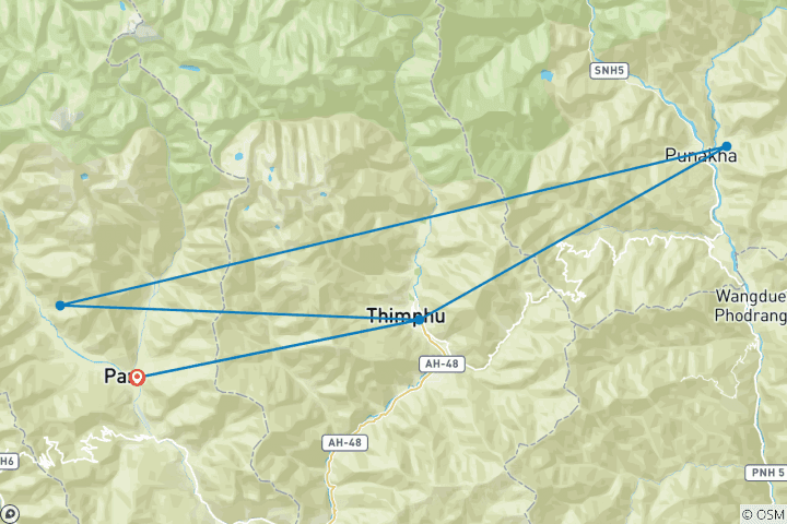 Kaart van 4 nachten 5 dagen Bhutan reis