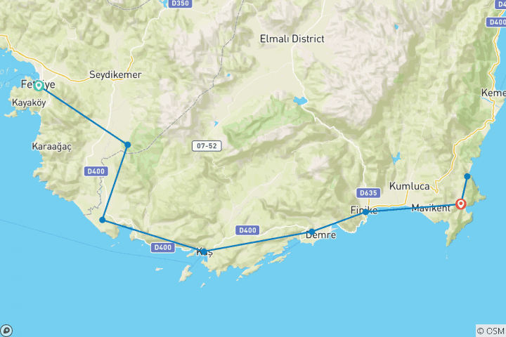 Map of Trans Lykia, cycling from Fethiye to Adrasan