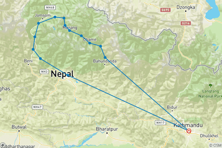 Map of Annapurna Circuit Trek 18 Days