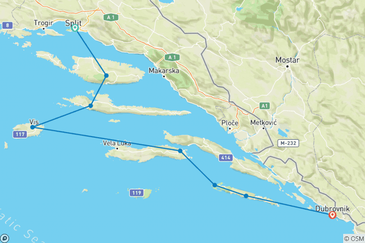 Carte du circuit Navigation viticole en Croatie - de Split à Dubrovnik