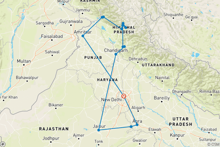 Map of Himachal with Taj Mahal Tour