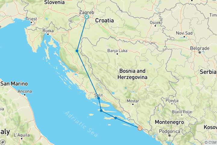 Carte du circuit La Croatie à la découverte des îles : Croatie à la découverte de la campagne et des îles 2024 - à partir de Zagreb - 10 jours