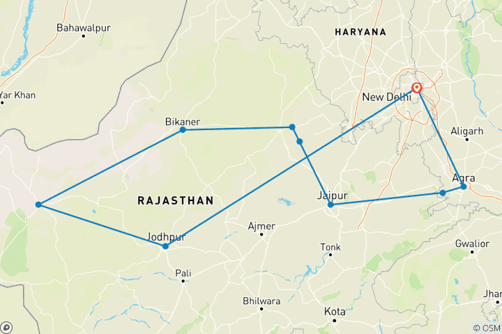 Kaart van 12-daagse rondreis door Rajasthan