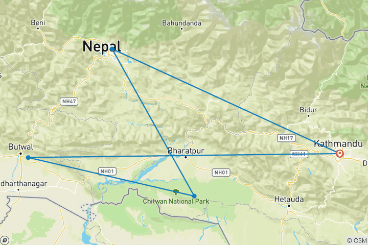 Carte du circuit Les points forts du Népal - Découvrez Katmandou, Pokhara, Chitwan et Lumbini