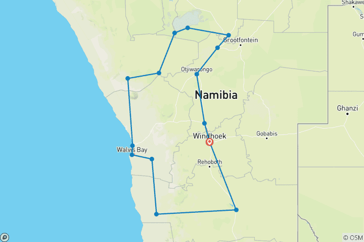 Kaart van De schoonheid van Namibië – een rondreis per auto – lodge-accommodatie – 10 dagen