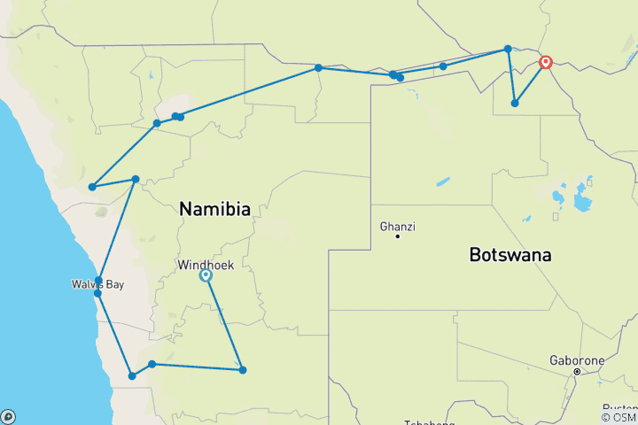 Carte du circuit 15 jours à la découverte de la Namibie et du Botswana | Auto Tour Lodge