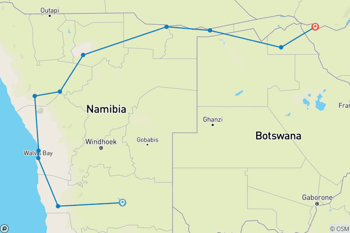 Map of Private trip to Namibia, Botswana, Zimbabwe