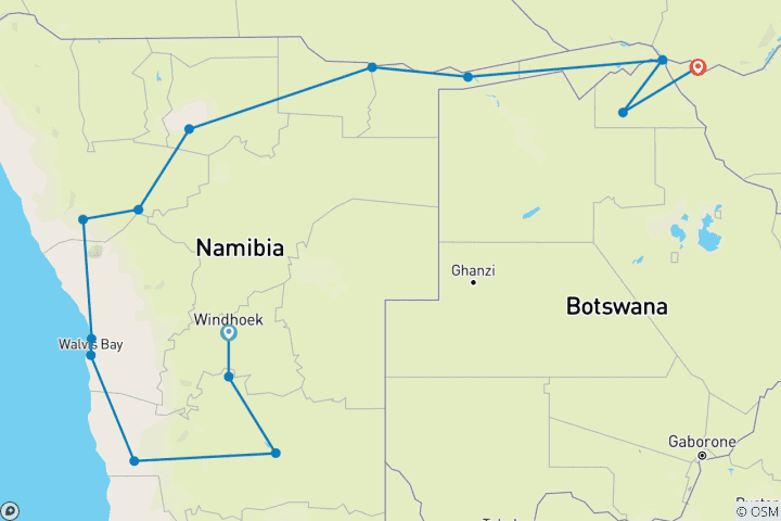 Map of Private trip to Namibia, Botswana, Zimbabwe