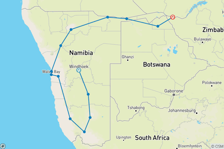 Map of Love of Africa (from Windhoek to Victoria Falls) - Self-Drive