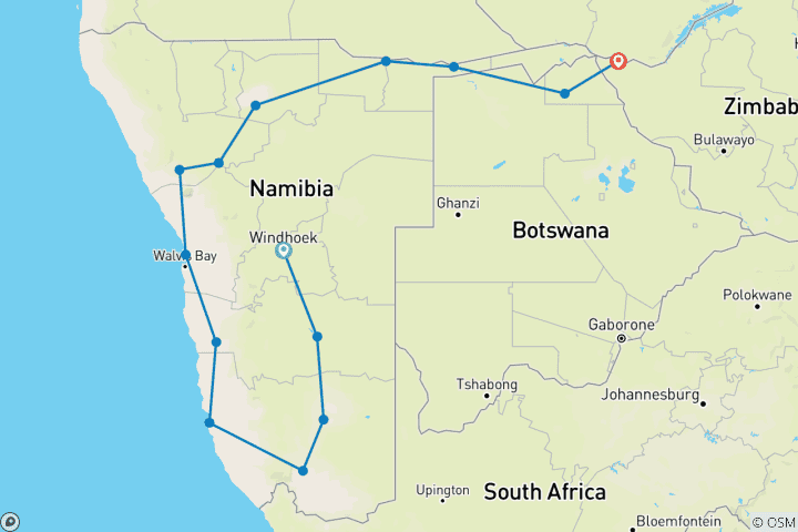 Karte von Liebe zu Afrika (von Windhoek nach Victoria Falls) - Selbstfahrer