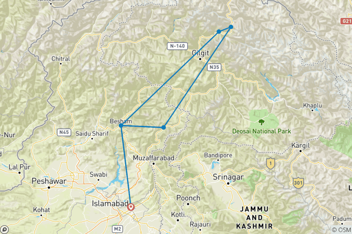 Carte du circuit 08 jours de circuit terrestre Hunza Gojal Valley Gilgit Pakistan