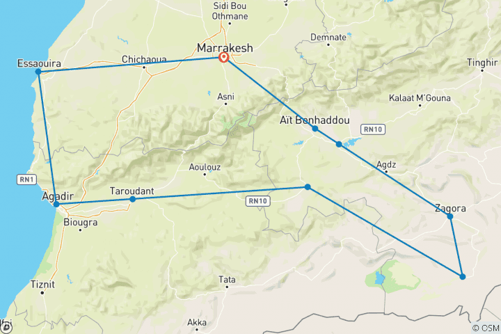 Map of 8 Days Adventure Desert Tour from Marrakech