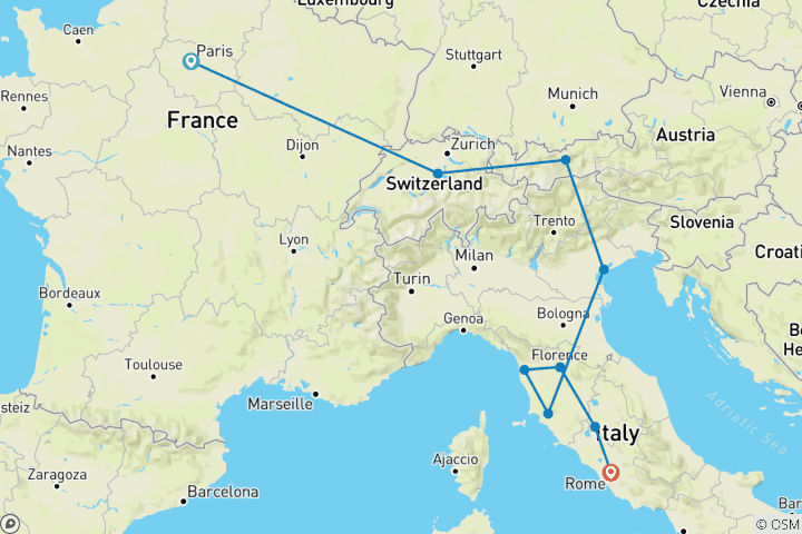 Map of Road to Rome (Classic, Start Paris, 12 Days)