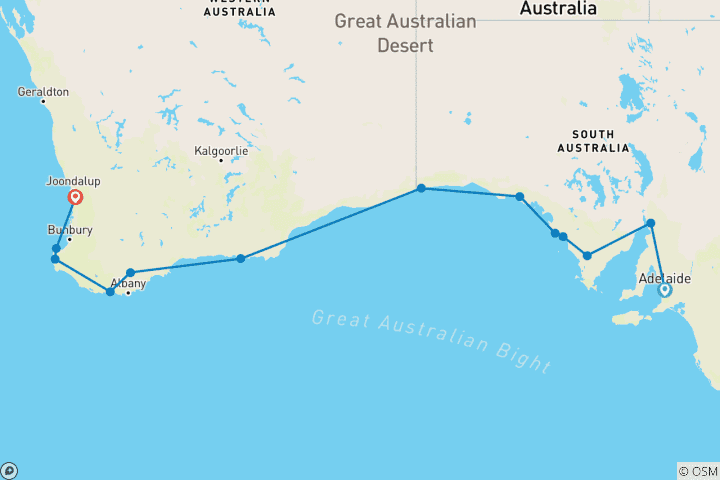 Map of 10-Day Adelaide to Perth Adventure Tour