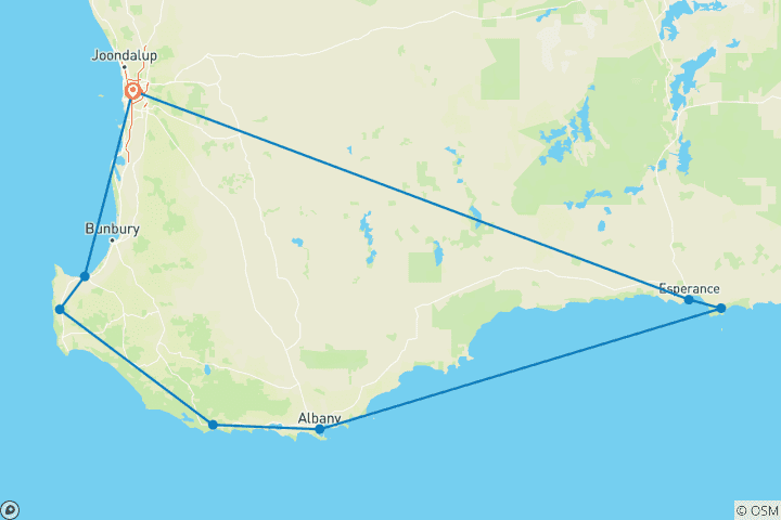 Map of 6-Day Esperance & Margaret River Adventure Tour