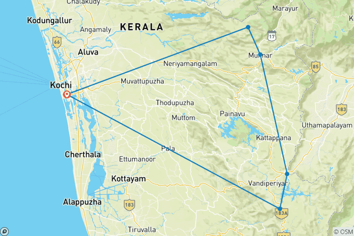 Kaart van Kerala wilde dieren met Munnar