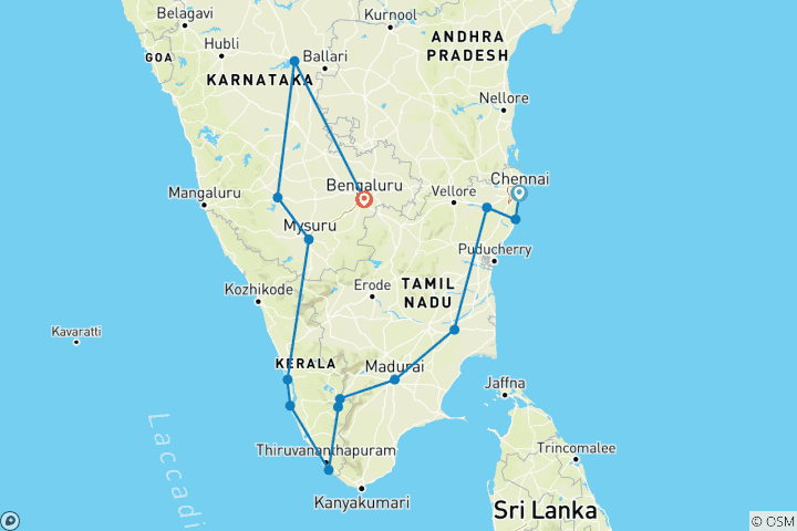 Map of 18 Days Imperial South India Tour Package from Chennai