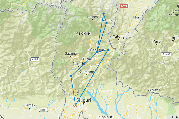 Kaart van Noordoostelijk genieten met Lachung