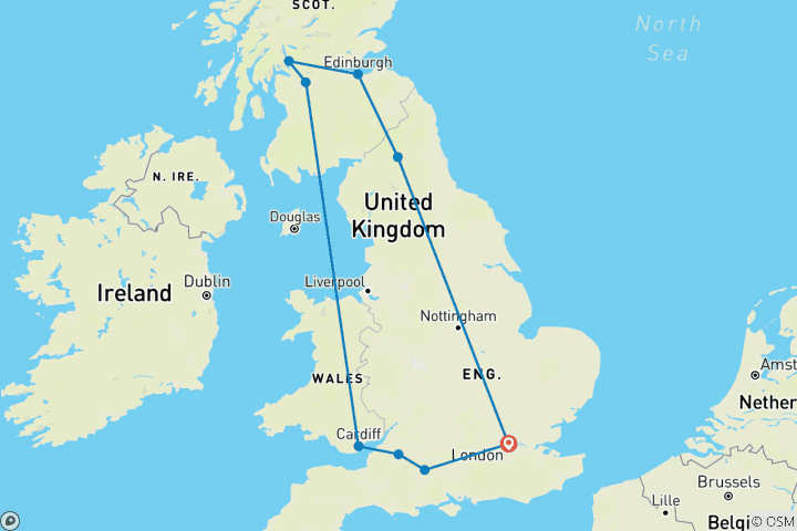 Karte von Das Beste von Großbritannien (Kleingruppen, 9 Tage) (9 Destinationen)