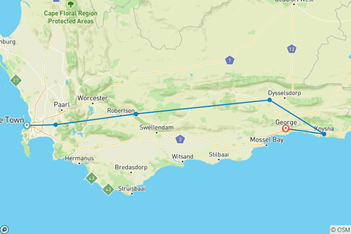 Kaart van Winelands & Tuinroute Gezondheid & Welzijn:   Spa-behandelingen - Voedzame keuken - Fijne wijn (5 dagen)