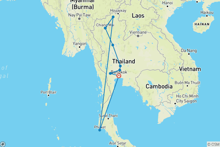 Kaart van Op maat gemaakt privé Thailand gezinsavontuur, dagelijks vertrek