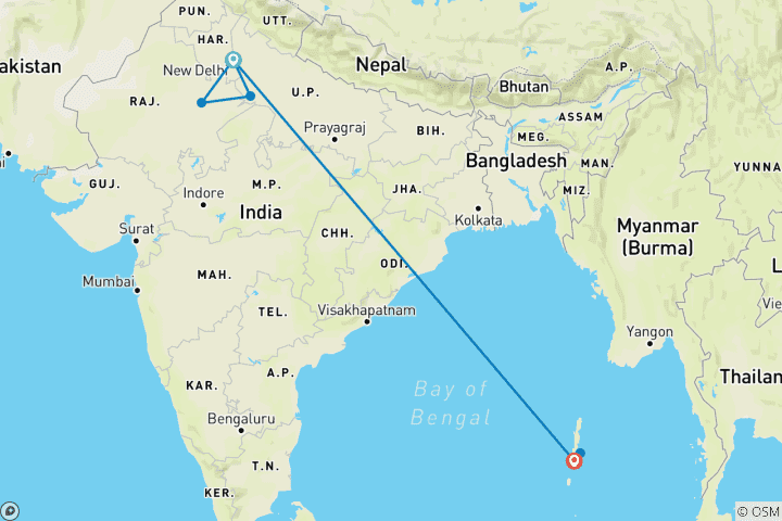 Carte du circuit 11 jours - Circuit romantique du Triangle d'Or avec Andaman - TOUT COMPRIS
