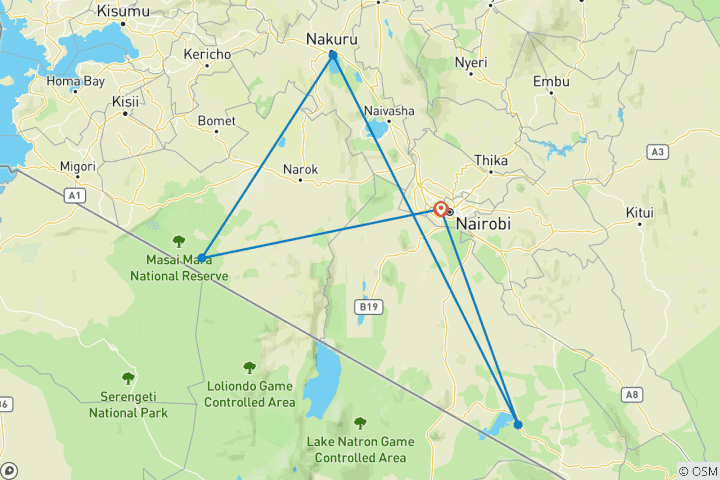 Map of Discover Our Premium 6-Day Kenya Guided Private Budget Safari from Nairobi to Masai Mara, Lake Nakuru & Amboseli