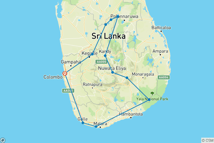 Mapa de Paquete turístico de 08 días en Sri Lanka