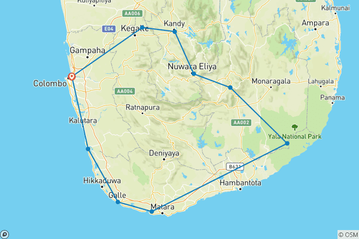 Carte du circuit Forfait 10 jours au Sri Lanka