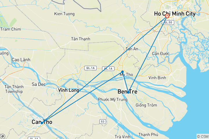 Map of Saigon Group Tour to Ben Tre, Can Tho, Vinh Long with Floating Market in Mekong Delta