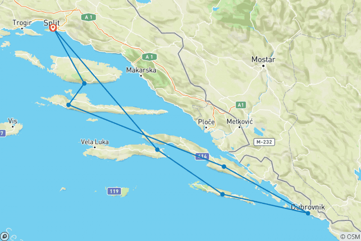 Karte von Luxus-Kreuzfahrt Dalmatinisches Paradies (Start/Ende Split; in Deluxe Superior Kategorie MV)