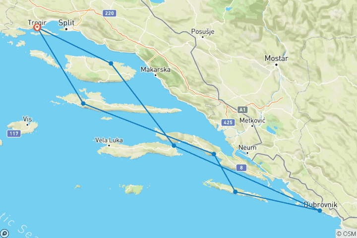 Mapa de Crucero de lujo Paraíso Dálmata (Trogir, puerto deportivo Baotić - Trogir Marina Baotić) Categoría de lujo MV