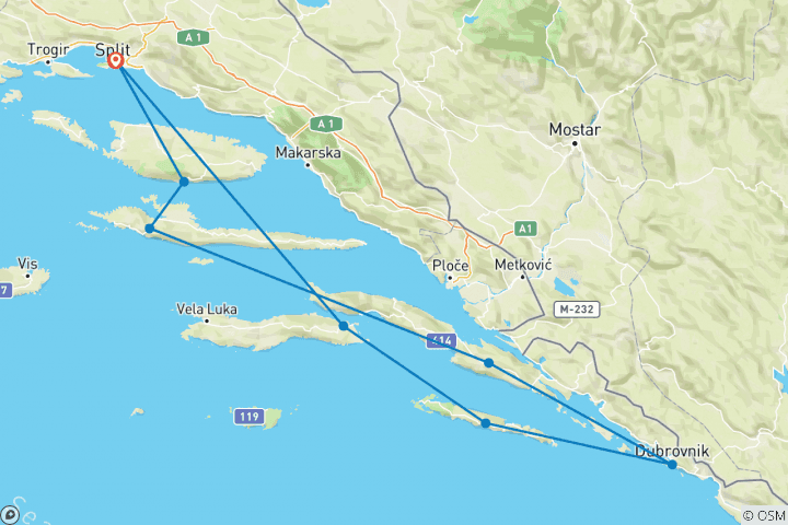 Kaart van Luxueuze cruise door het Dalmatisch paradijs - van en naar Split - Deluxe categorie MV