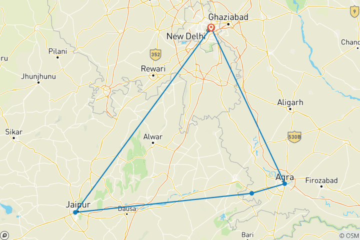 Carte du circuit Meilleur circuit au Triangle d'Or en Inde avec repas et lever de soleil sur le Taj Mahal
