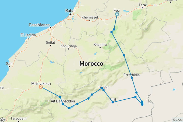 Karte von Von Fès über die Sahara bis Marrakesch Privatrundreise - 4 Tage