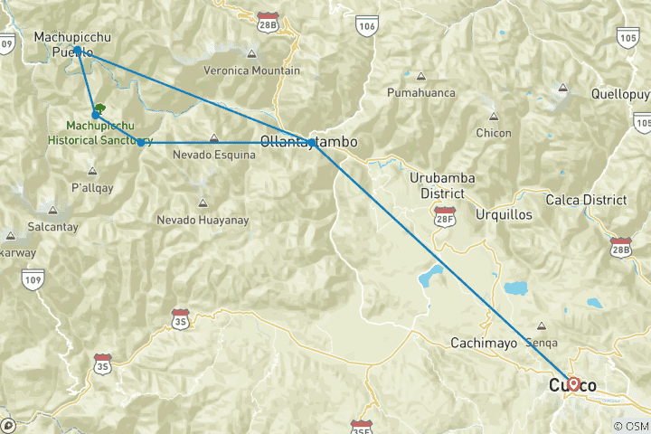 Map of Classic Inca Trail to Machu Picchu 4 days