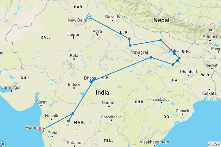 Kaart van Rondreis langs Boeddha's plaatsen in India - 13 dagen