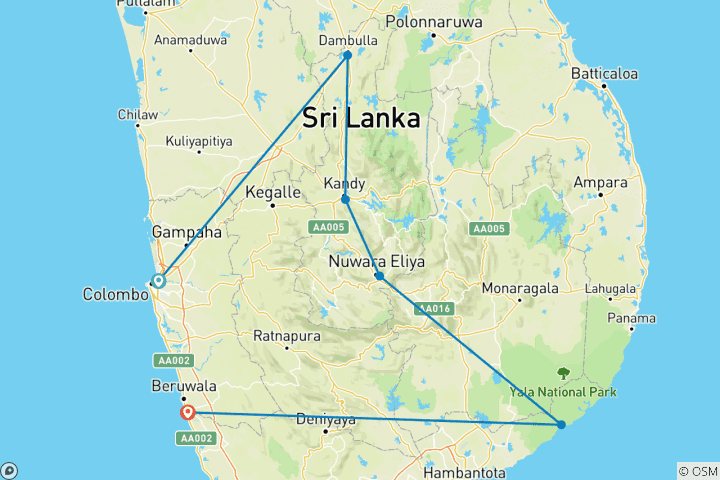 Map of Sri Lanka Odyssey:  Colombo | Dambulla | Kandy | Nuwara Eliya | Yala | Bentota