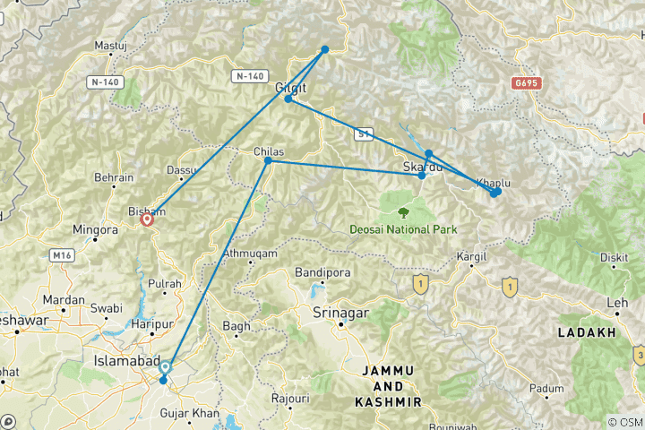 Kaart van 14 Daagse Swat, Hunza & Skardu Vallei Rondreis Pakistan