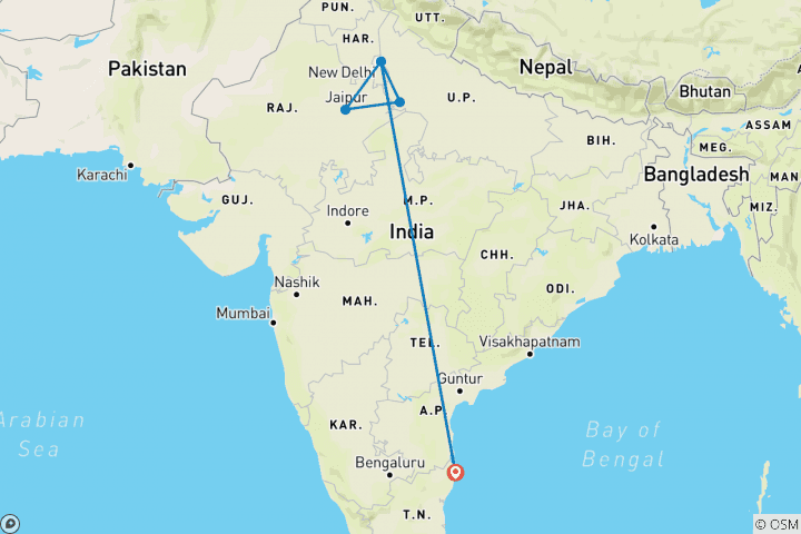 Karte von Goldenes Dreieck Rundreise ab Chennai inkl. Hin- und Rückflug - 4 Tage