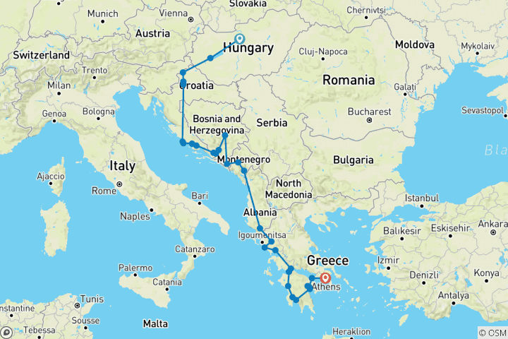 Kaart van Grote Adriatische rondreis - van Boedapest naar Athene - het beste van Hongarije, Kroatië, Bosnië, Albanië & Griekenland - 29 dagen